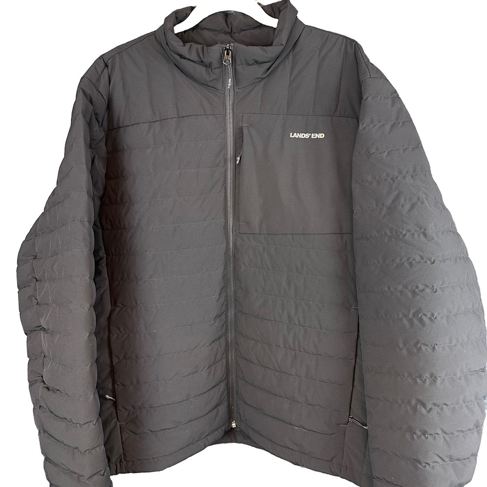 Lands' End Mens XXL  50-52 Black Down Puffer Jacket Full Zip Stretch Coat